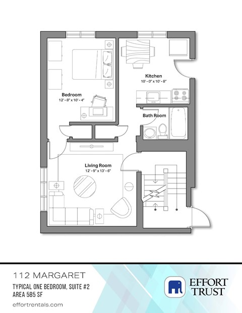 Floor plan for 1 bed, 1 bath, 700 sqft